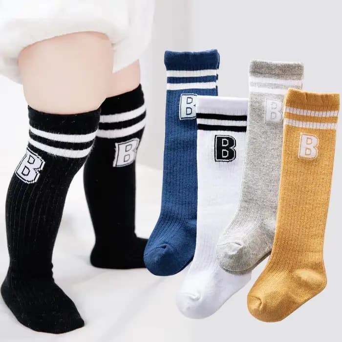 Chaussettes longues en coton avec lettre B pour bébé, chaussettes hautes pour nouveau-né, chaussettes chaudes pour garçon et fille, rayures à la mode, automne et hiver
