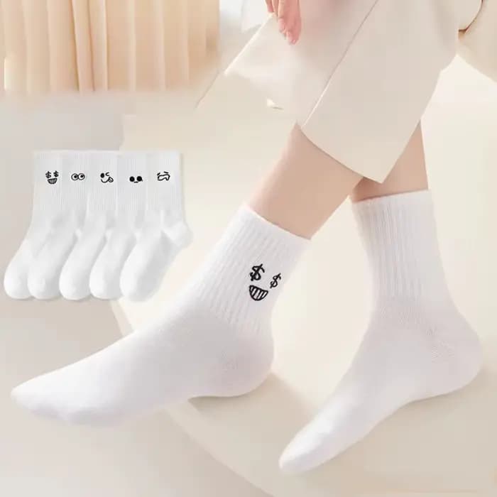 5/10 paires femmes blanc dessin animé chaussettes à la mode polyvalent Expression