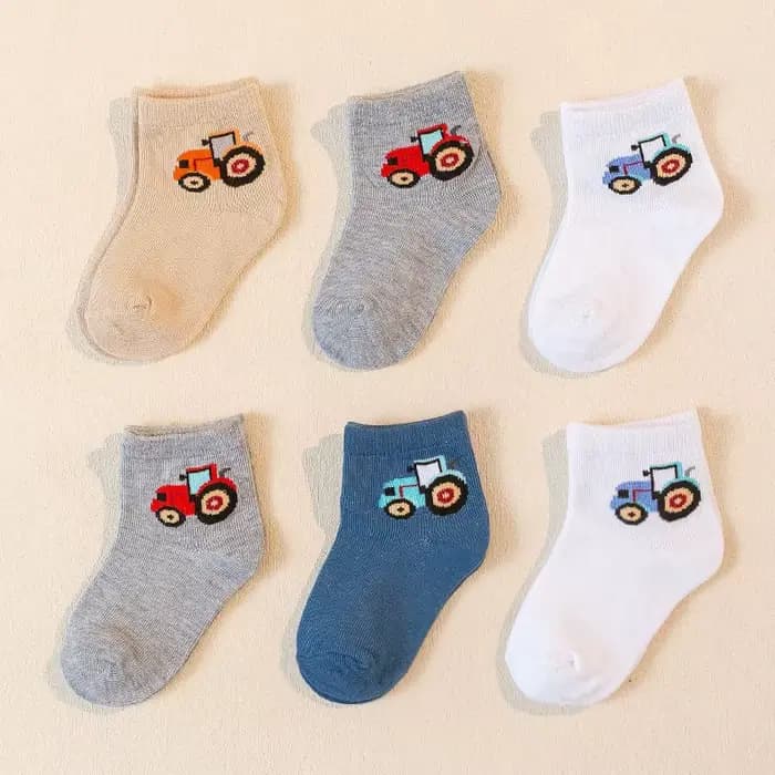 6 paires de chaussettes pour enfants à motif de tracteur de dessin animé, chaussettes mi-mollet confortables et antidérapantes, respectueuses de la peau, pour toutes les saisons, pour bébés garçons