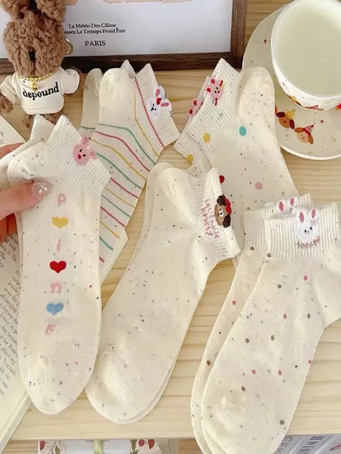 5 paires de chaussettes courtes en fil de points pour femmes, chaussettes décontractées respirantes et absorbant la sueur, à la mode, motif de dessin animé mignon, printemps/été