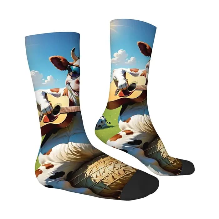 Chaussettes fantaisie drôles avec visage de vache, avec guitare, longueur mi-mollet, confortables, décontractées et à thème, Style rétro et ludique pour les fêtes