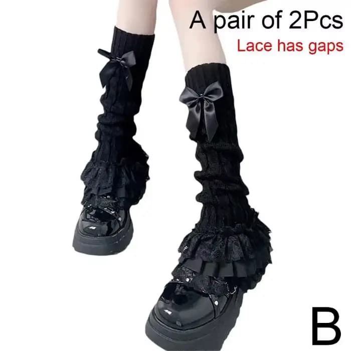 Femmes japonaises tricoté jambières arc à plusieurs niveaux chaussettes à volants fille dentelle Lolita