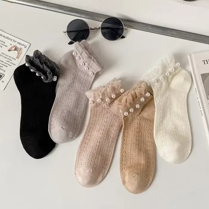Chaussettes à volants en dentelle pour femmes, maille ajourée, fines, respirantes, Tube bas, couleur unie, en coton, douces filles, chaussettes courtes Kawaii avec perles