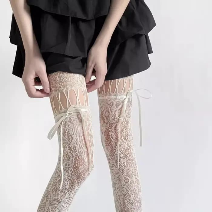 Nouveau design Collants beiges sexy pour femme, résille transparente, style JK, avec nœud et dentelle