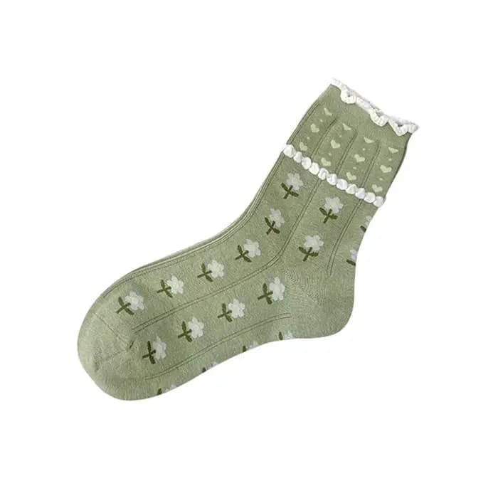 Chaussettes pour femmes, motif floral bouclé, mignonnes, Kawaii, pour filles, chaussettes mi-tube douces, style rural japonais, chaussettes en coton confortables et respirantes