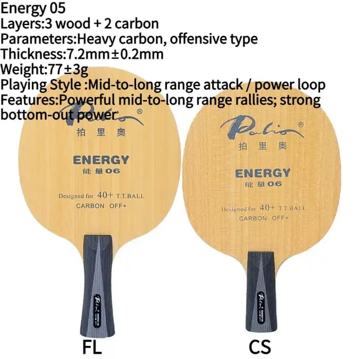 Palio Energy 03-06 Raquette de tennis de table professionnelle en fibre de carbone et bois