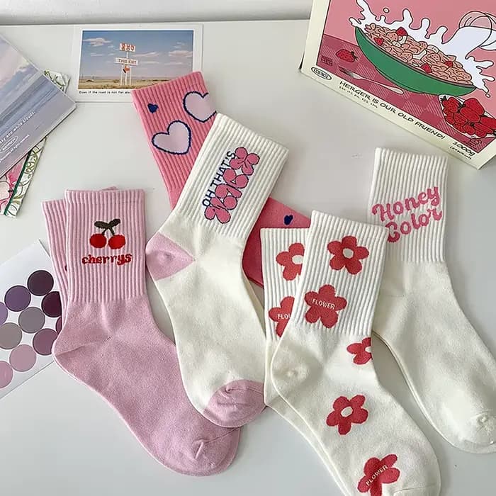 Chaussettes décontractées en coton Harajuku pour femmes et filles, fleur rose, mode, mignon, doux, coréen, japonais, Kawaii