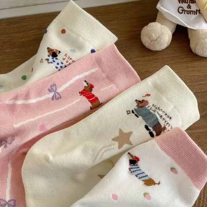 1/3/5 paires dessin animé teckel femmes mi-mollet chaussettes printemps été coton Kawaii mignon équipage chaussettes à la mode nouveauté chaussettes