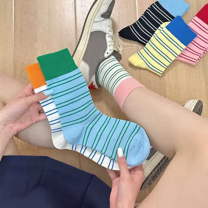 Mode femmes chaussettes rayées printemps automne mi Tube chaussette couleur bonbon mollet bas Absorption de la sueur