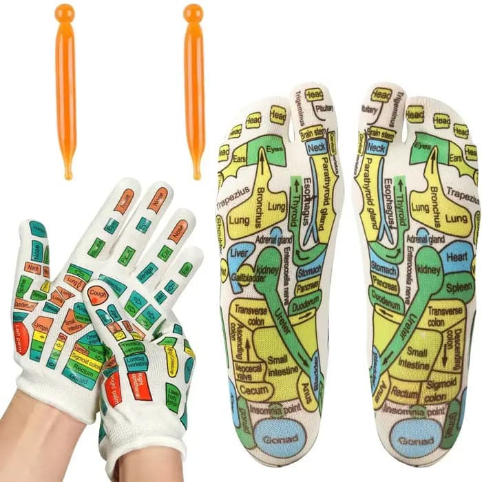 Lot de 6/2 paires de chaussettes et gants d'acupression double face colorés – Réflexologie, massage des pieds et des mains, soulagement de la fatigue et des douleurs, outil de soin des pieds