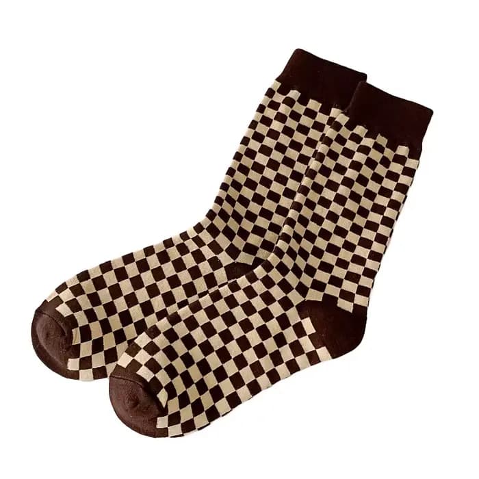 Chaussettes pour femmes printemps-été respirantes décontractées à côte haute à carreaux, tendance mode, en coton peigné respirant, vente en gros