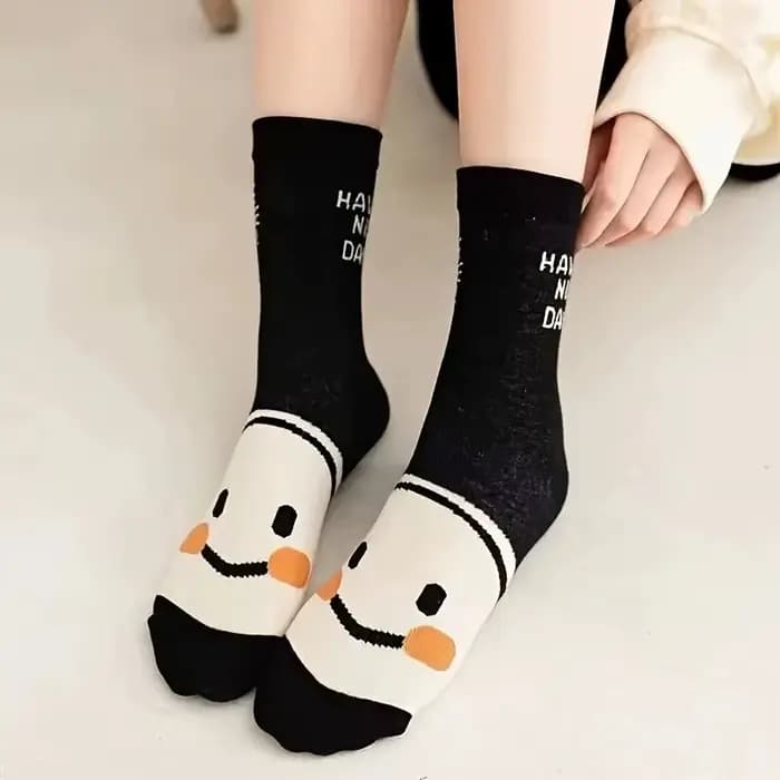 Happy Face-Chaussettes mi-tube en coton respirant pour femmes