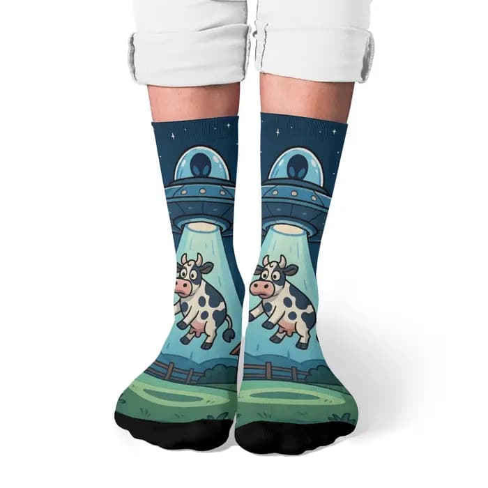 Harajuku Retro UFO Kidnapped Cow Pattern Men's Socks Comfortable Breathable Non-slip Casual Socks Novelty Street Crew Socks Gift