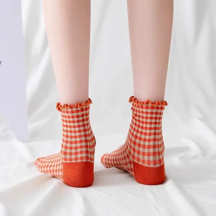 6 paires de chaussettes Vintage en dentelle à carreaux, tube moyen, bord champignon pour fille, chaussettes courtes colorées et mignonnes