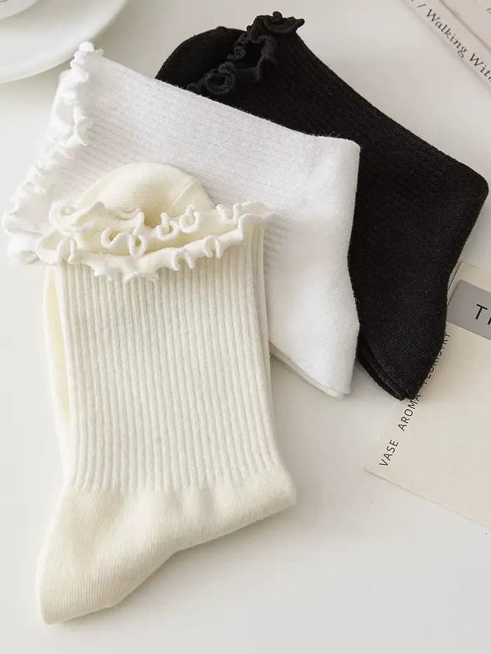 Chaussettes à volants pour femmes 3 paire/lot mi équipage moyen Tube cheville haute respirant noir blanc Calcetines femme printemps automne chaussette