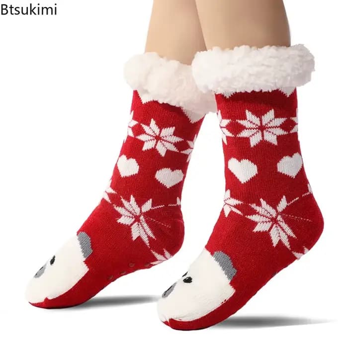 Chaussettes de sol chaudes d'hiver pour femmes, en peluche douce, antidérapantes, meubles courts, velours Extra épais, dessin animé, chaussettes de noël pour dames