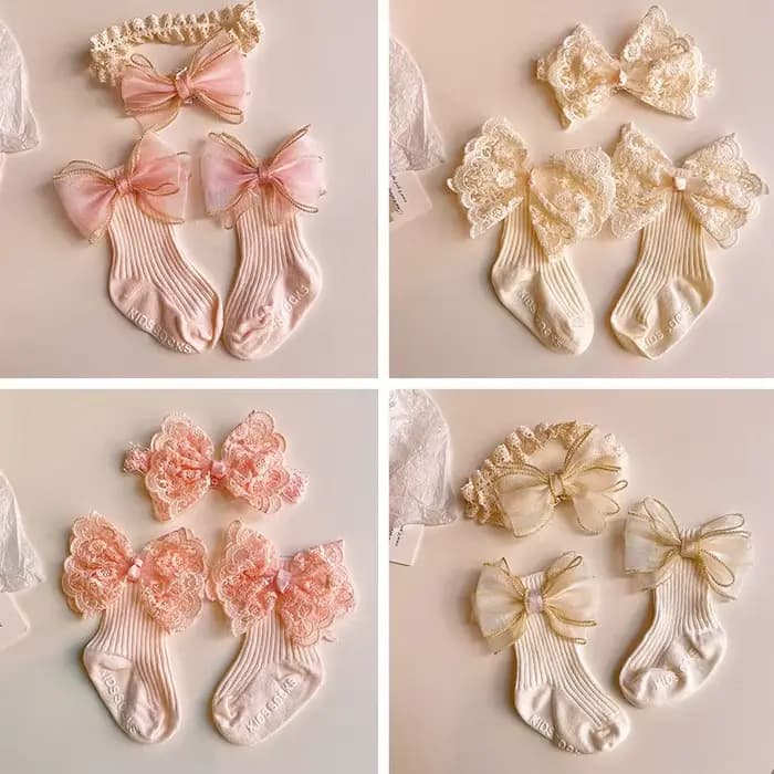 Ensemble de chaussettes bandeau à nœud pour bébé, 2 pièces, pour garçons et filles, imprimé en dentelle, bandeau élastique, Turban, chaussettes solides et douces, accessoires pour enfants