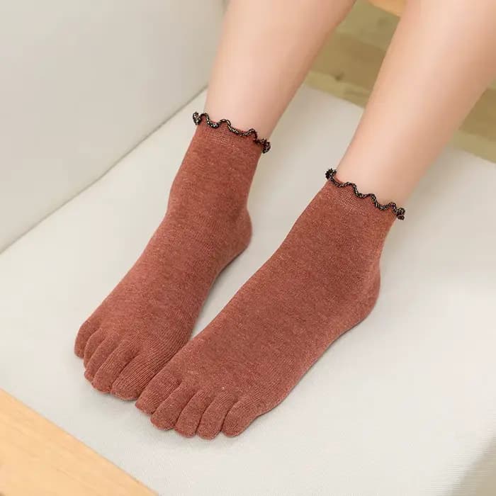 Chaussettes pour femmes coton cinq doigts à volants couleur unie orteil