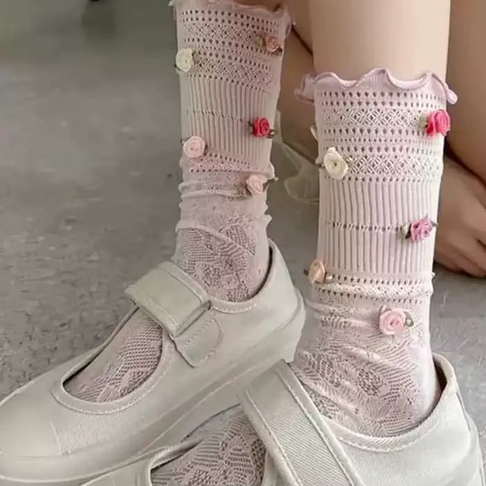 Chaussettes d'été fines pour femmes, élégantes, style français, motif rose, mi-mollet, respirantes, absorbant la transpiration, pour filles