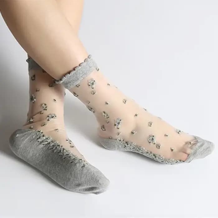 InjSocks-Chaussettes en cristal transparent ultra-mince pour femmes, Chaussettes en verre d'été, Chaussettes d'astronomie en coton, Broderie florale, Rétro Harajuku