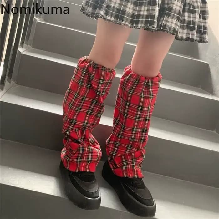 Jambières à carreaux rouges pour femmes, Style Y2K, Patch pour dames, Streetwear, mode, manches de pied, Harajuku, sangle en PU, chaussettes d'été coréennes 2025