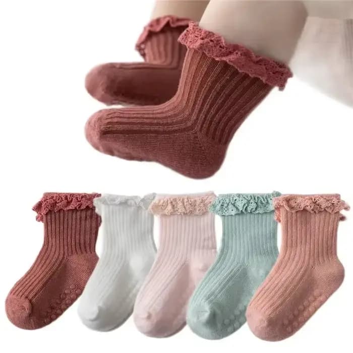 Chaussettes en dentelle coordonnantes pour bébés filles, chaussettes de sol respirantes pour enfants, point adhésif, coton solide, document doux