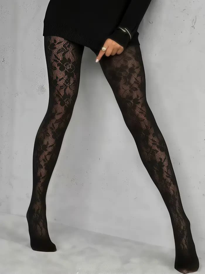 1 paire de collants résille noirs à imprimé tournesol pour femmes