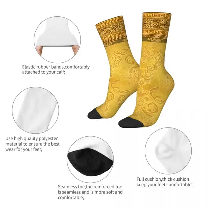 Chaussettes dorées baroques à fleurs ornées de touches grecques pour hommes et femmes