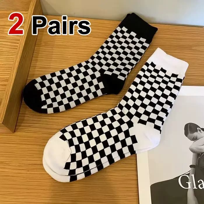 2 paires de chaussettes à motifs en damier pour femmes, Design à la mode, douces, confortables, absorbant la sueur, respirantes, décontractées pour Couple