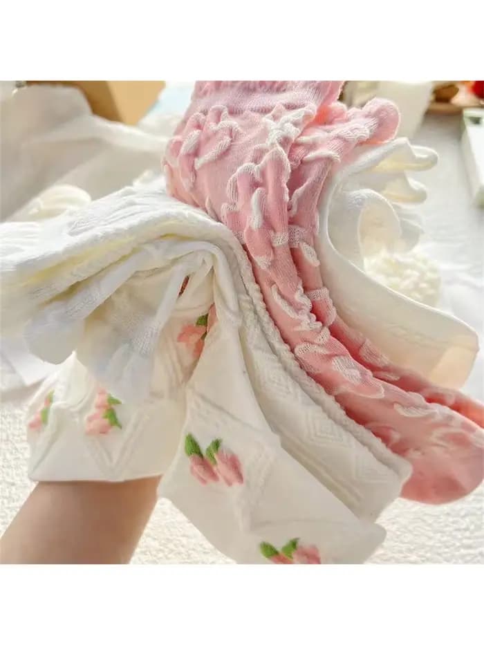 5 paires de chaussettes mi-longues en dentelle rose et blanche pour fille, à motifs de diamants, à fleurs, roses et mignonnes