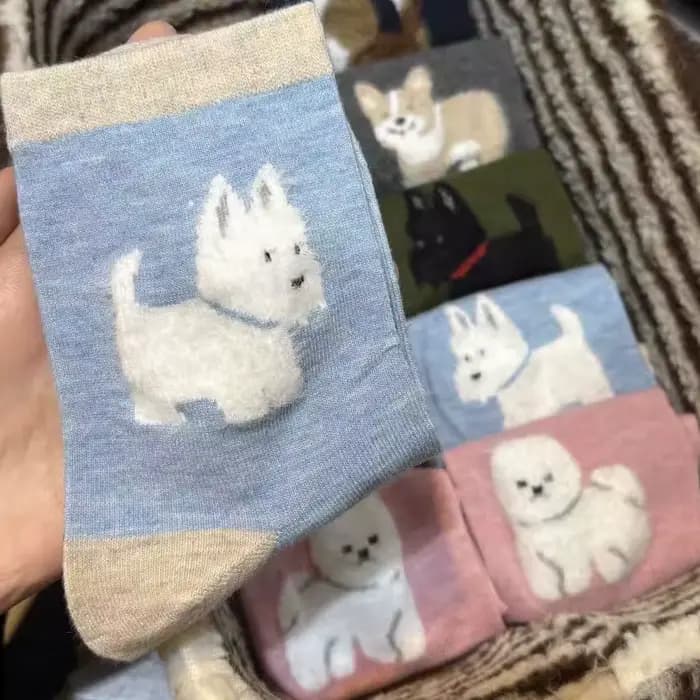 Femmes automne en peluche chien motif chaussettes Kawaii dessin animé femme coton chiens mi-tube chaussette