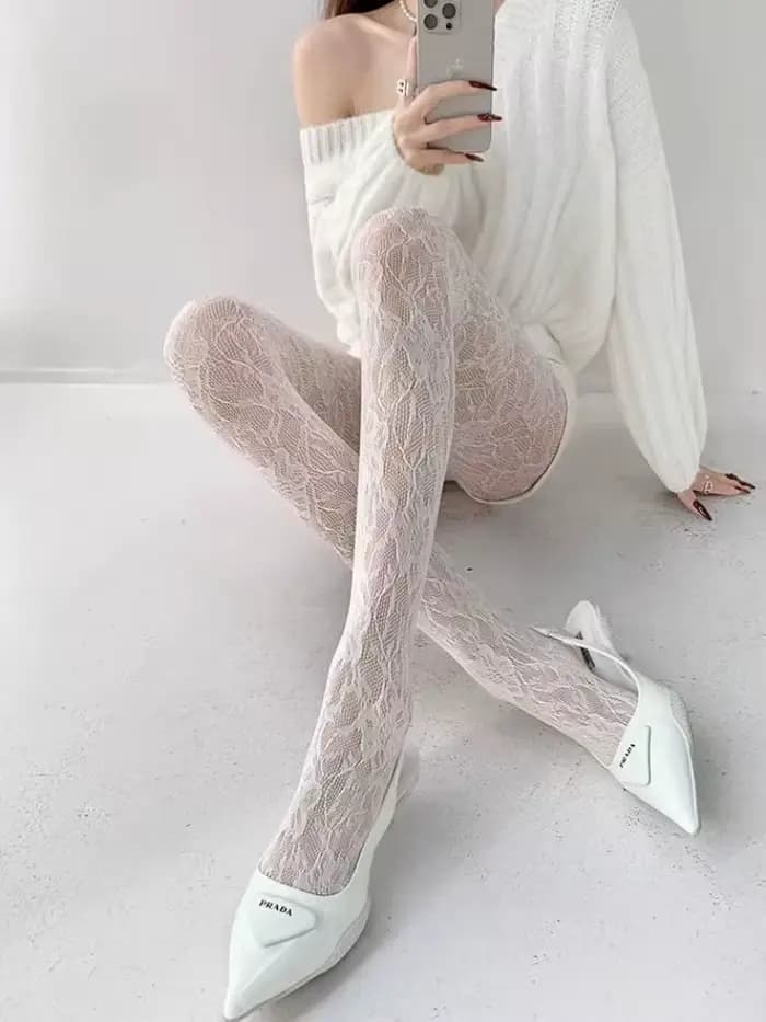 Chaussettes blanches femmes Sexy bas résille Femme été mince fleur maille collants élastique minceur taille haute évider