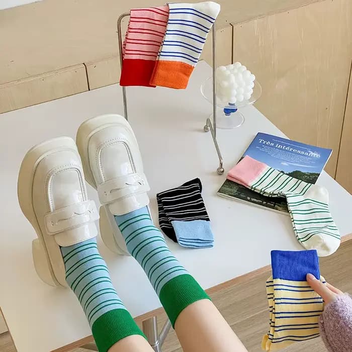 Mode femmes chaussettes rayées printemps automne mi Tube chaussette couleur bonbon mollet bas Absorption de la sueur