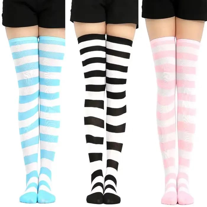 Kawaii japonais Anime sur le genou Cosplay bas Meias Lolita collants cuisse haute rayé bas bleu et blanc en vente