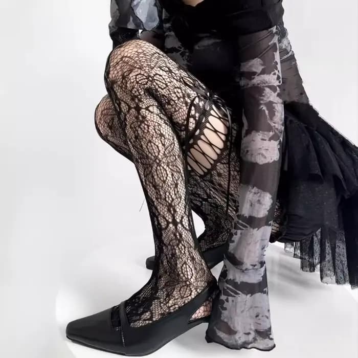 Nouveau design Collants beiges sexy pour femme, résille transparente, style JK, avec nœud et dentelle