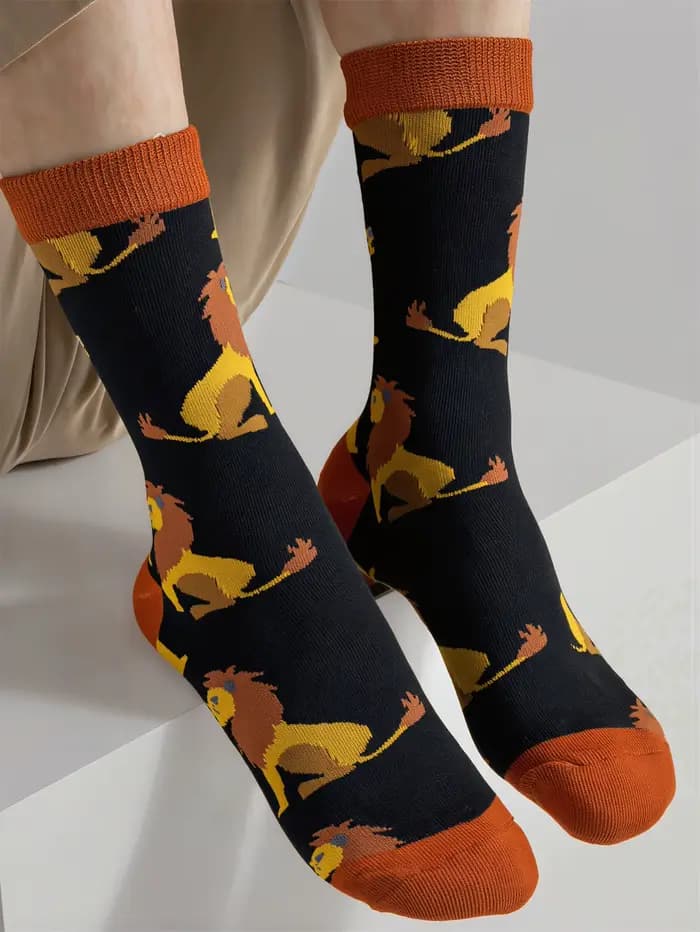 1 Paire de Chaussettes Mi-Mollet pour Hommes à Motif Animalier Original (Lion