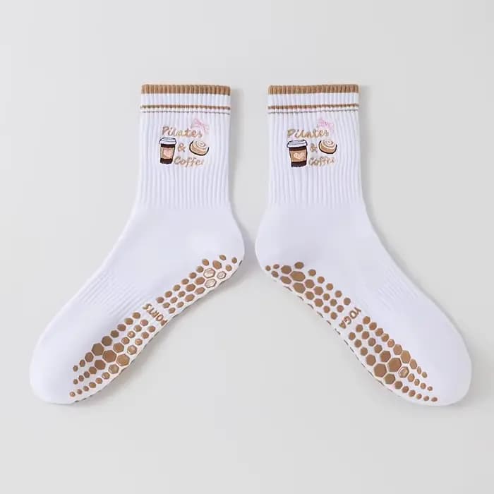 Lot de 3 paires de chaussettes antidérapantes Coffee Heart | Café brodé + points de poignée en forme de coeur