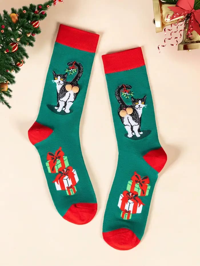 3/5 paires de chaussettes de noël unisexes avec motif d'œuf et de chat amusant, personnage de dessin animé, cadeau du nouvel an