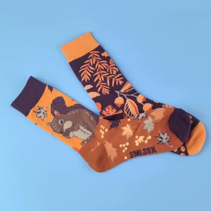 1 paire d'écureuils forestière et noix tombées, chaussettes mi-mollet tendance pour unisexe, adaptées à toutes les saisons.