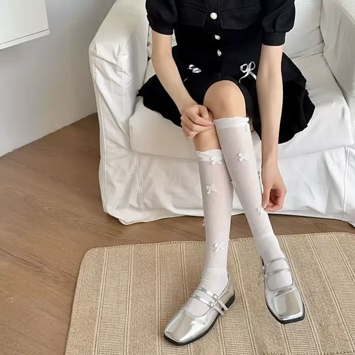 Sock Woman Summer Ballet Style Korean Ins Bow Knit Socks Micro Permeable Bubble Mouth JK Pile Calf