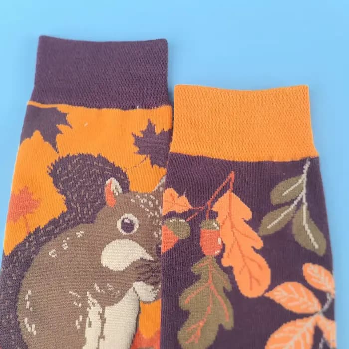1 paire d'écureuils forestière et noix tombées, chaussettes mi-mollet tendance pour unisexe, adaptées à toutes les saisons.