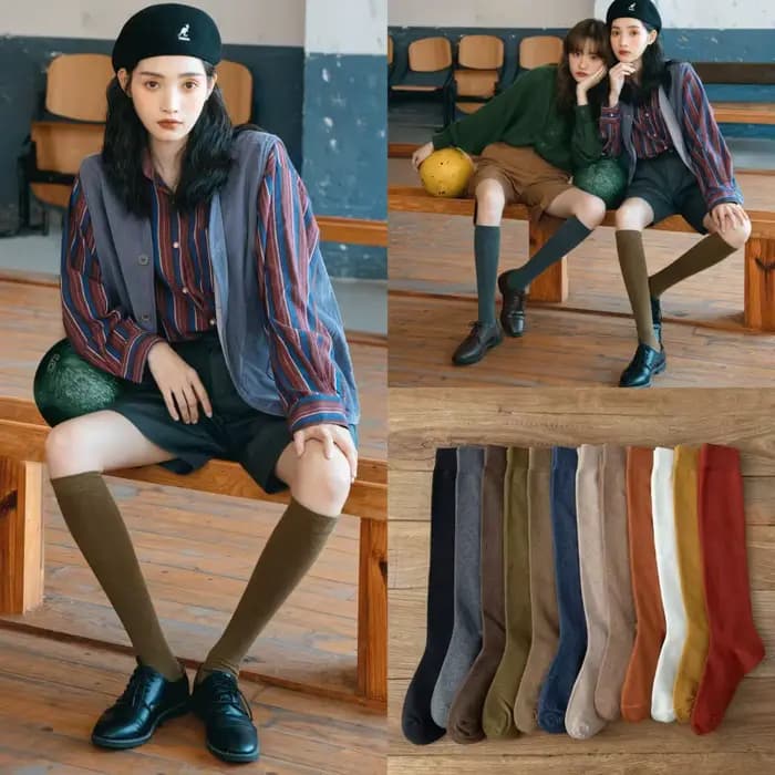 Chaussettes longues femmes bas coton biologique solide chaud cuisse haute dames filles rue mode jeune décontracté genou