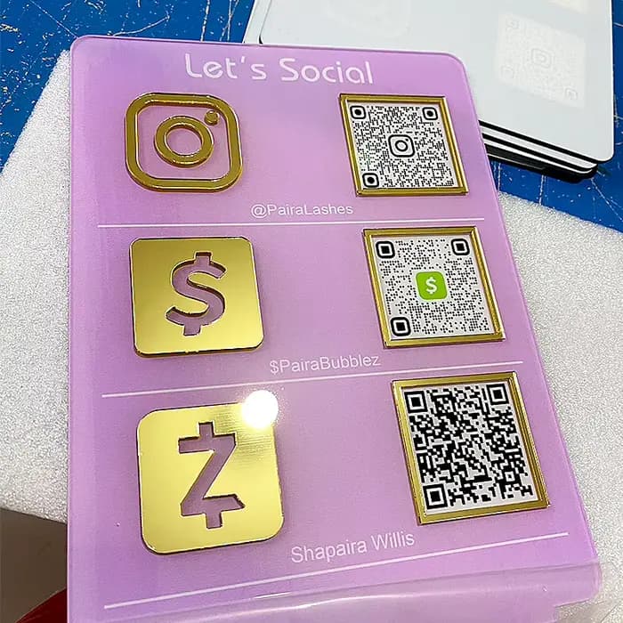 Signalisation d'affaires personnalisée pour médias sociaux avec paiement de numérisation de code QR, panneau de suivi en plexiglas acrylique