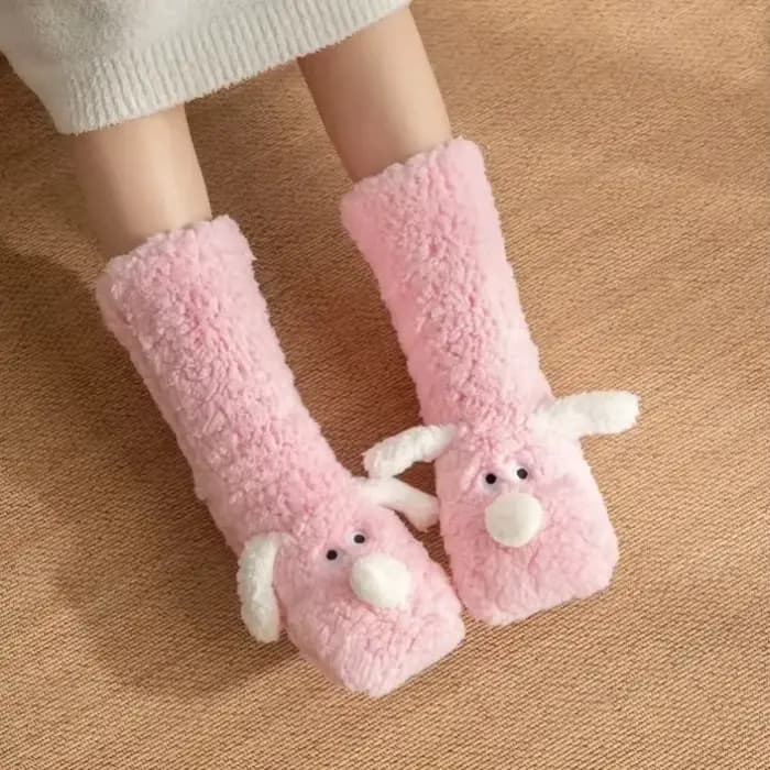 Chaussette de couchage femmes dessin animé 3D chien hiver chaud thermique en peluche antidérapant maison doux femme sol