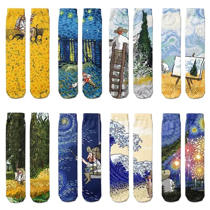 Nouveau dessin animé créatif Van Gogh coton chaussettes femme Kawaii printemps et automne