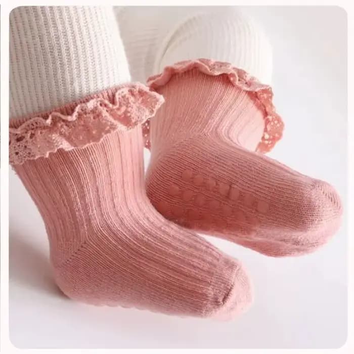 Chaussettes en dentelle coordonnantes pour bébés filles, chaussettes de sol respirantes pour enfants, point adhésif, coton solide, document doux