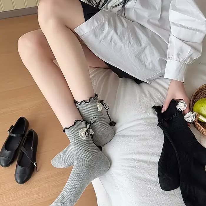 Chaussettes pour femmes respirantes printemps-été, mi-mollet, confortables, style vintage, avec nœud en dentelle, pour jeune fille, simples et tendance, effet bouclette