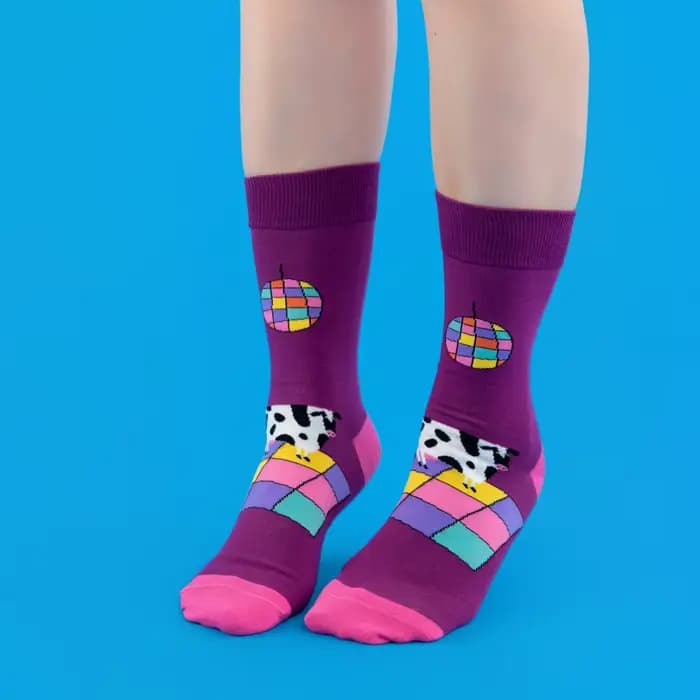 1 paire de chaussettes amusantes sur le thème de la vache Disco, Design prêt pour les fêtes, mode tendance, costume toutes saisons pour unisexe
