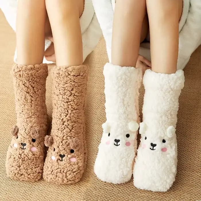 Femmes Kawaii ours chaussettes flou dormir chaud hiver corail polaire maison pantoufles mignon doux moelleux