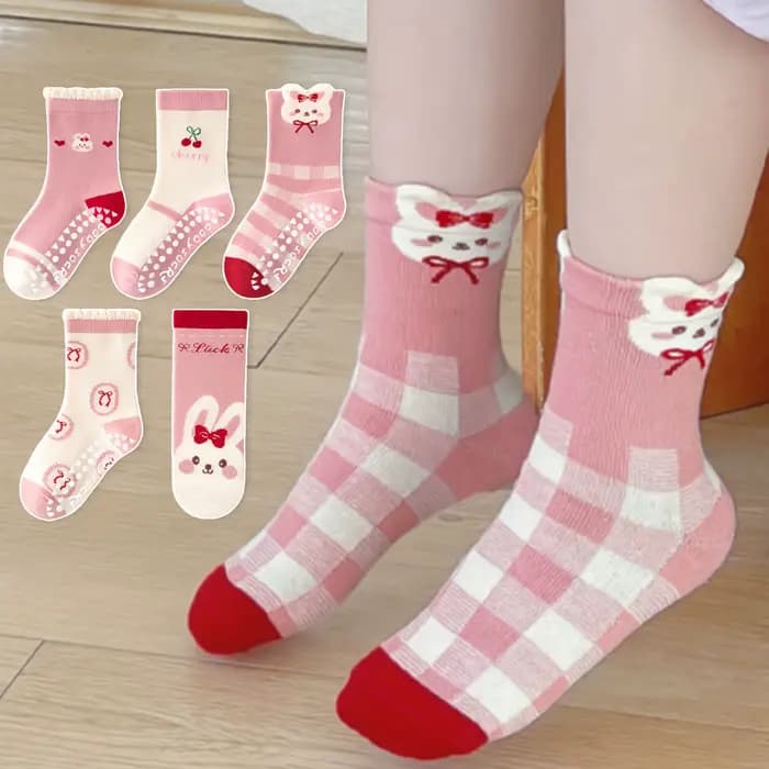 Lot de 5 chaussettes de sol pour enfants avec nœud rose et motif lapin, chaussettes d'intérieur antidérapantes à semelle souple pour filles, bébés et tout-petits, avec motifs de cerises et de lettres,
